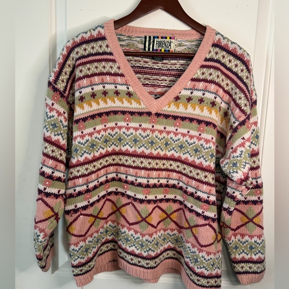 Vintage Forenza Women’s Cottagecore Colorful Knit Spring 90s V-Neck Sweater - Picture 2 of 7